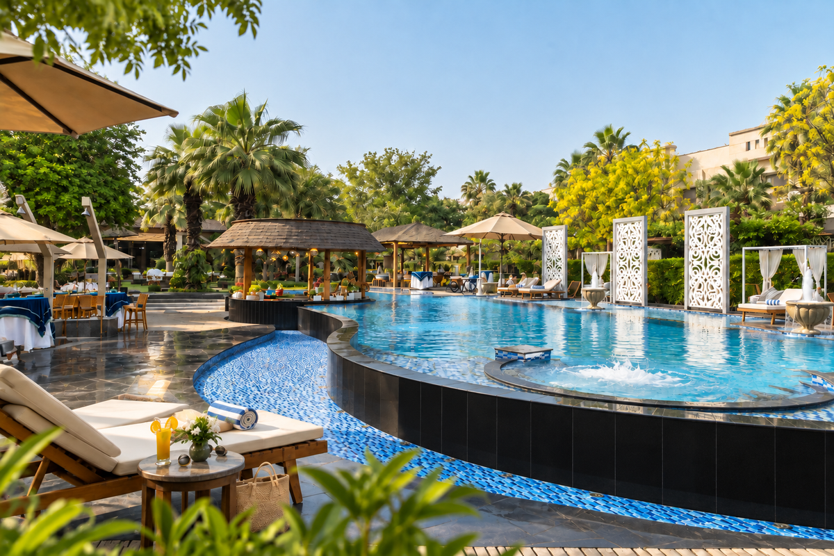 Poolside view at City Park Green Resort, New Delhi