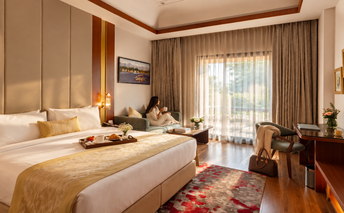A luxurious hotel room featuring a large bed with white linens and a gold-accented runner, a green sofa with a woman sitting on it, a desk area, and floor-to-ceiling curtains with natural light streaming in.